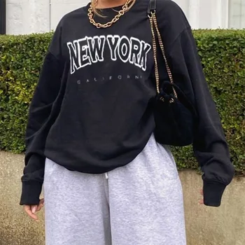 NEW YORK List Tlače Čiernej Crewneck Mikina Ženy Dlhý Rukáv Plus Veľkosť Streetwear Módy USA francúzsky Štýl Jeseň 2020 Ženy