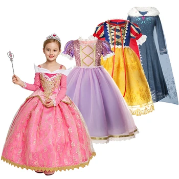 VOGUEON Aurora Šaty Dievčatá Luxusné Kvalitné Flitrami Rapunzel Šaty Snow White Cosplay Kostým Detský Elsa Vestido Pre Strán