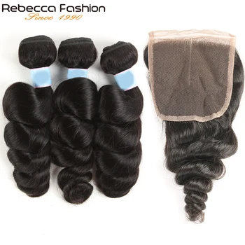 Rebecca Remy Voľné Vlny Brazílsky Ľudské Vlasy, 3 Zväzky S Uzáverom 4x4 Brazílsky Voľné Vlny S Čipky Uzavretie