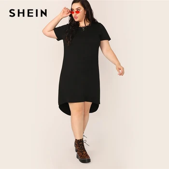 SHEIN Plus Veľkosť Black Split High-Low Lem Pevné Tunika Šaty 2019 Ženy Lete Bežné Split Shift Základy Rovno Plus Šaty