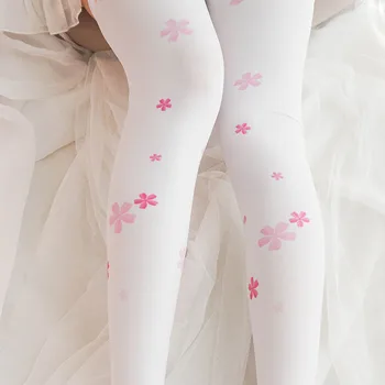 Krásne dievča biela čerešňové kvety kolená vysoké ponožky - velvet tlač stehenné pančuchy pridať 70 cm dlhé hodvábne pančuchy