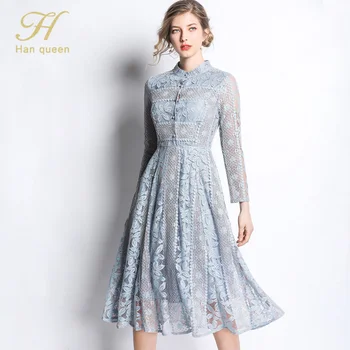 H Han Kráľovná Nový Príchod 2019 Jar Čipky Šaty Módne Vintage Kvetinový Duté Z Luxusné Elegantné Štíhle Ženy, Večerné Party Šaty