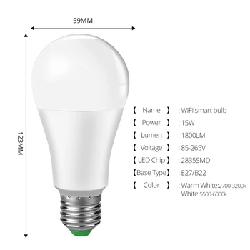1800 lm WiFi Smart Žiarovka 15W Ampoule LED E27 B22 bombillos alexa echo Domovská stránka Google Assistente Intelligent Smart WiFi Lampa