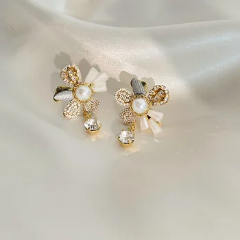 Pozlátené Pearl Drahokamu Drop Náušnice Pre Ženy Kórejský Elegantný Kvetinový Náušnice, Módne Šperky Dary