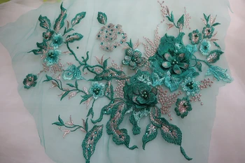 Krásna zelená 3D Korálkové Kvet Čipky Nášivka, vyšívané Svadobné Nášivka na Tanečné Kostýmy, svadobné Šaty Lem Príslušenstvo