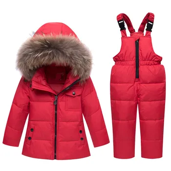 Zimné detské oblečenie Sady Teplé chlapčeka Lyžiarske odevy Snowsuits reálne Kožušiny Dievča nadol Bundy vrchné oblečenie Kabát+podväzkové jumpsuit
