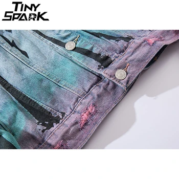 Vintage Denim Bombardér Bunda Roztrhlo Otvory Mora Pláž Coconut Tree Mužov Hip Hop Jeans Bunda Streetwear 2020 Núdzi Denim Jacket