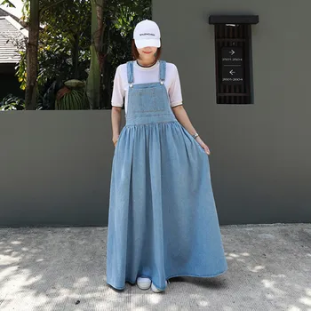 Johnature Lete Nové Kovboj Kórejský Bez Rukávov Popruh Šaty Pre Ženy 2021 Voľné Bežné Dlho Módne Jednofarebné Šaty, Džínsy
