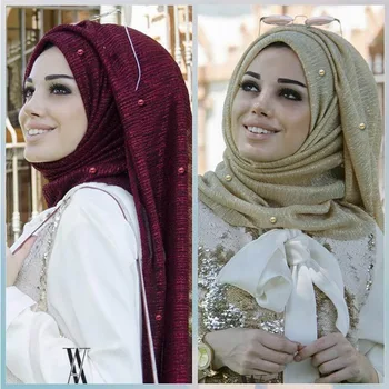Lesk žien zlato hodváb s perlami moslimských hidžáb šály a zábaly Islamskej turban žena foulard mäkké, tenké hijabs hlavu šatku