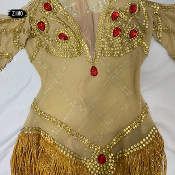 Drahokamu šaty strapec rukáv obyčajné dlhé šaty ženy sexy indické Zlato fáze oblečenie brušného tanca hudobný festival výkon