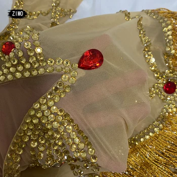Drahokamu šaty strapec rukáv obyčajné dlhé šaty ženy sexy indické Zlato fáze oblečenie brušného tanca hudobný festival výkon