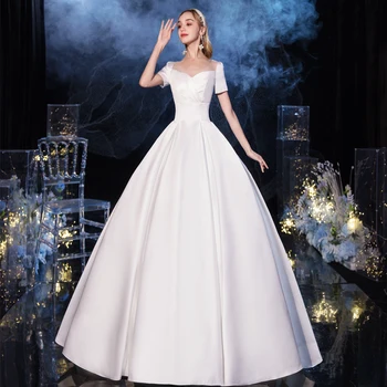 Svadobné Šaty 2020 Nové Luxusné Saténové Svadobné Šaty Vestido De Noiva Späť Čipky S Lukom Podlahy-dĺžka Nevesta Šaty Plus Veľkosť
