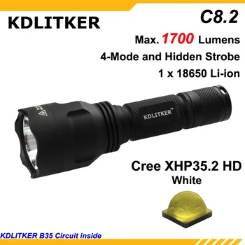 2020 Najnovšie KDLITKER C8.2 Cree XHP35.2 HD 1700 Lumenov 5-Režim LED Baterka - Black ( 1x18650 )