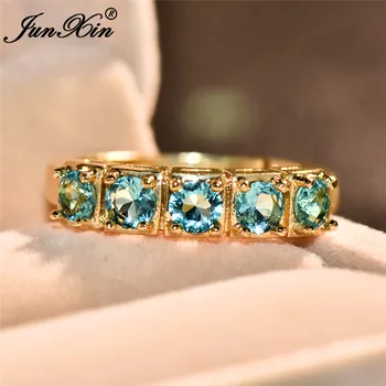 Roztomilý Žena White Ocean Blue Kamenný Kruh S Krištáľovo Zirkón 14KT Žlté Zlato Snubné Prstene Pre Ženy, Luxusné Zásnubný Prsteň