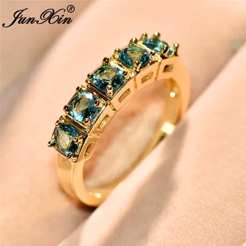 Roztomilý Žena White Ocean Blue Kamenný Kruh S Krištáľovo Zirkón 14KT Žlté Zlato Snubné Prstene Pre Ženy, Luxusné Zásnubný Prsteň