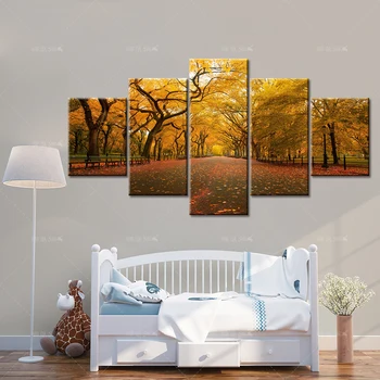 Modulárny Plátno HD Vytlačí Plagát Domova Wall Art Obrázok 5 Kusov Lesa Žltá Strom Umenie Scenérie krajinomaľbou Rámec