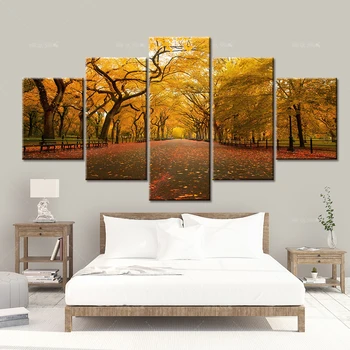 Modulárny Plátno HD Vytlačí Plagát Domova Wall Art Obrázok 5 Kusov Lesa Žltá Strom Umenie Scenérie krajinomaľbou Rámec