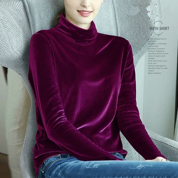 Turtleneck Velvet Fleece T Shirt Ženy Bežné Elegantné Pevné Módne Topy 2020 Jar Dlhý Rukáv Plus Veľkosť Tričko Femme