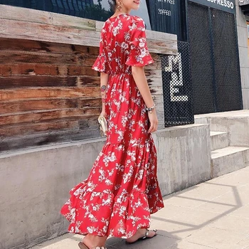 Vangull Ženy Jar Leto Šifón Šaty Módne Kvetinový Printted Červené Dlhé Šaty Vintage Bežné tvaru Tvarované Kvetinové Šaty