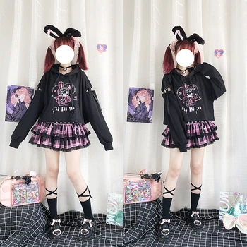 Harajuku Gotický Kawaii Hoodie Dospievajúce Dievčatá, Ženy, Punk Nadrozmerné Bunny Anime Plodín Mikina Vintage Kpop Dlhý Rukáv Pulóver 2021