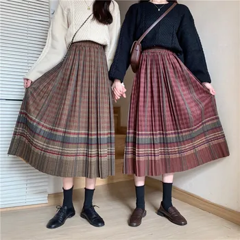 2020 Jeseň Zima Retro Vlnené A - Line Sukne Ženy Elastické Vysoký Pás Koberčeky Skladaný Polovici Teľa Midi Sukne Mujer Faldas Plus Veľkosť