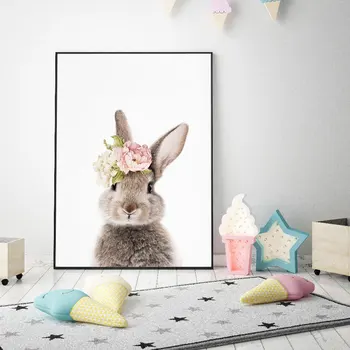 Dievčatá Spálňa Decor Bunny Králik Líška, Jeleň Krava Škôlky Wall Art Plátno Plagát a Tlač Kvet, Zviera Maľovanie Ružové Ruže Obrázok