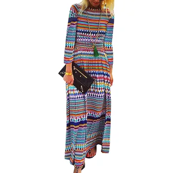 Boho hippie chic kvetinový vytlačené plážové šaty Bežné dlhý rukáv streetwear maxi šaty župan boheme elegantné mexická šaty pláži frocks