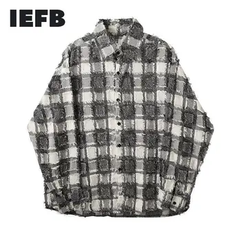 IEFB /pánskeho oblečenia čierne biele kockované vytlačené košele pre mužov 2021 Jar nové špeciálne textílie surové hrany zase dole golier topy 9Y3902