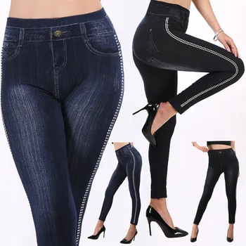 2019 Imitácia Legíny Jeans Strane Prekladané Ženy Mock Pocket Návleky na Nohavice Slim Jeggings Dámy Denim Skinny Nohavice plus veľkosť
