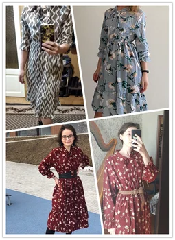 Ženy Šifón Tričko Šaty Jeseň Fashion Kórea Línia Čela Fit Slim Party Šaty Bežné Vintage Kvetinový Tlač Midi Šaty Vestidos