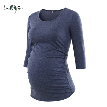 Tehotenstvo Blúzka Materskej Oblečenie Strane Ruched 3 Quarter Sleeve Top Ružová Zelená Mama Hore O krk Tehotenstva Oblečenie pre Ženy, Topy