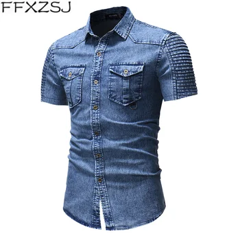 FFXZSJ Značky 2019 letné nový štýl klope denim tričko krátky rukáv tričko osobnosti patchwork skladaný rukávy