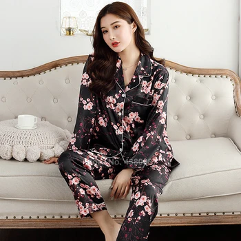Japonský Štýl Hodváb Sleepwear Set pre Ženy, Kvetinové Hladké Pohodlné Domáce oblečenie s Dlhým Rukávom Pyžamo Kúpanie Yukata Kimono Nightgown