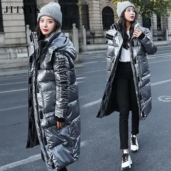 Ženy Zimný Kabát 2021 nová zimná bunda s kapucňou, čierna dlho Nadol bavlnená Bunda Voľné teplé Lesklý žien vetrovka snehu kabát bunda