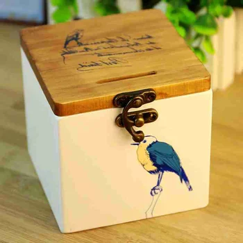 1pc Retro Prasiatko Dreva Peniaze Box Saving Bank, Treasure Box s Otvorom Zámok (Modrý Vták)