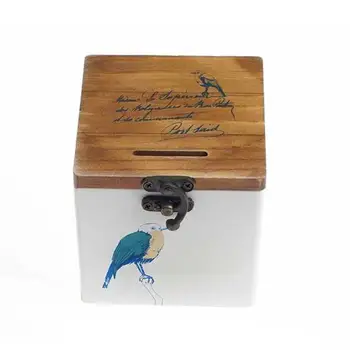 1pc Retro Prasiatko Dreva Peniaze Box Saving Bank, Treasure Box s Otvorom Zámok (Modrý Vták)
