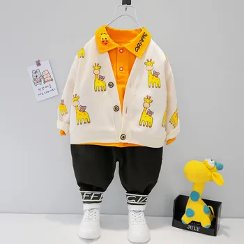 Jar Baby Boy Šaty Nastavené Novonarodené Dlhý Rukáv T-Shirt+Cartoon Cardigan Kabát+Nohavice Tri Kus Bežné Baby Oblek Pre Deti