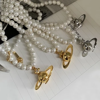 Originálny dizajn štýlový retro troch-dimenzionální Saturn perlový náhrdelník temperament flash prívesok kľúčnu kosť dievča