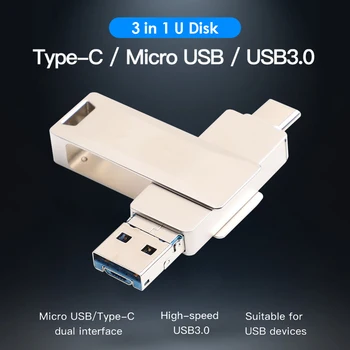 32 GB, 64 GB 3 v 1, USB Flash Disk Typu-C, USB 3.0 Micro Memory) Ukladacie Držať Pero U Diskov pre Telefón/Tablet/PC
