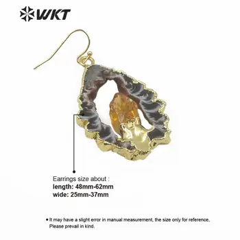 WT-E609 Nádherný prírodný kameň náušnice geode brána so zlatou obrubou náušnice Nepravidelné diery kameň náušnice žena vintage náušnice