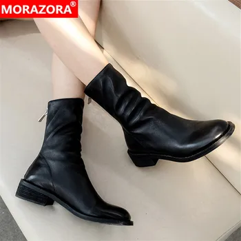 MORAZORA 2020 jeseň zimné módne originálne kožené jednoduché ženy, topánky s nízkym podpätkom kolo prst farbou členková obuv na voľný čas