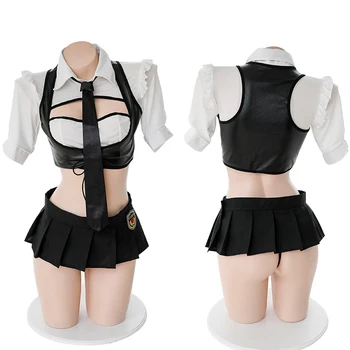 Japonská Polícia Jednotné Zvodné Sexy Pyžamo 6-Dielny Oblek Ženské spodné Prádlo Vesta Skladaná Sukňa Erotické Odev Žien oblečenie pre voľný čas