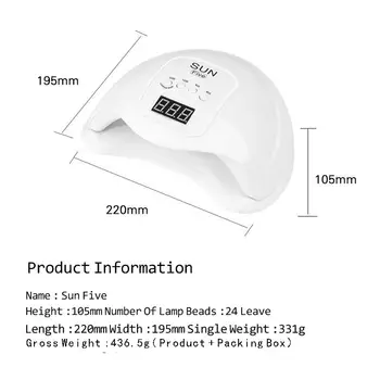 Sun5 Nail Art Lampa Pre Manikúru 48W Štyri-výstroj Načasovanie USB Kalenie Lak Stroj Rýchle Sušenie Nástroj UV LED Gél poľský Biela