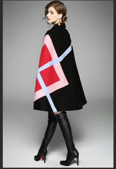 Nové 2019 Módne Ženy Zimná Bunda Geometrický Vzor Batwing Rukáv Vlnené Teplý Plášť Pončá Cape Kabát Vlna Zmesi Vrchné Oblečenie
