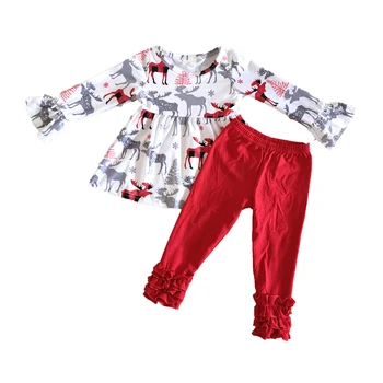 Horúce predávať deti jeseň zima dlhý rukáv oblečenie dievča Vianočné roztomilý oblečenie set baby dievčatá jeleň vzor top a červené prehrabať nohavice