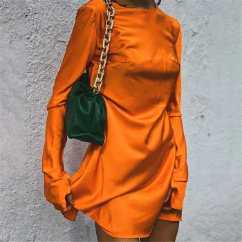 Jeseň Ženy Dlhý Rukáv Satin Mini Šaty Bežné Sladká Červená Oranžová Jednofarebné O-Krku Vysoký Pás A-Line Šaty