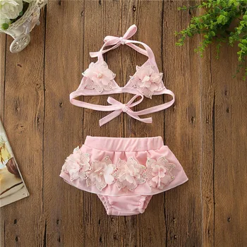 Nové Letné Baby Dievčatá Oblečenie Plaviek Čipky a Tylu 3D Kvetinovým Bikini Set tvaru s uväzovaním za Krajky-up Nohavičky Plavky, Plavky 1-6Years