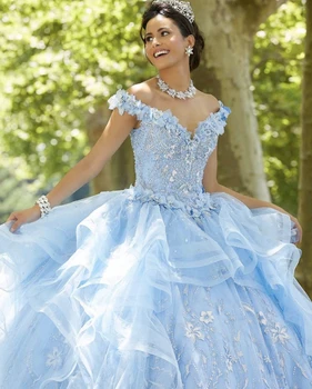 Svetlo Modrej Princezná Quinceanera Šaty 2021 Mimo Ramenný Appliques Flitrami Kvety Strany Sweet 16 Šaty Vestidos De 15 Años