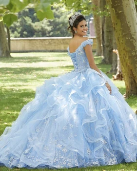 Svetlo Modrej Princezná Quinceanera Šaty 2021 Mimo Ramenný Appliques Flitrami Kvety Strany Sweet 16 Šaty Vestidos De 15 Años