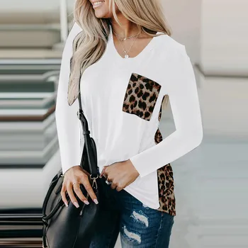 Dámske Patchwork Tričká V-neck Leopard Tlač Spájaní s Dlhým Rukávom Letné Žena Topy Bežné Tričko T-Shirt Femme frauen blusen